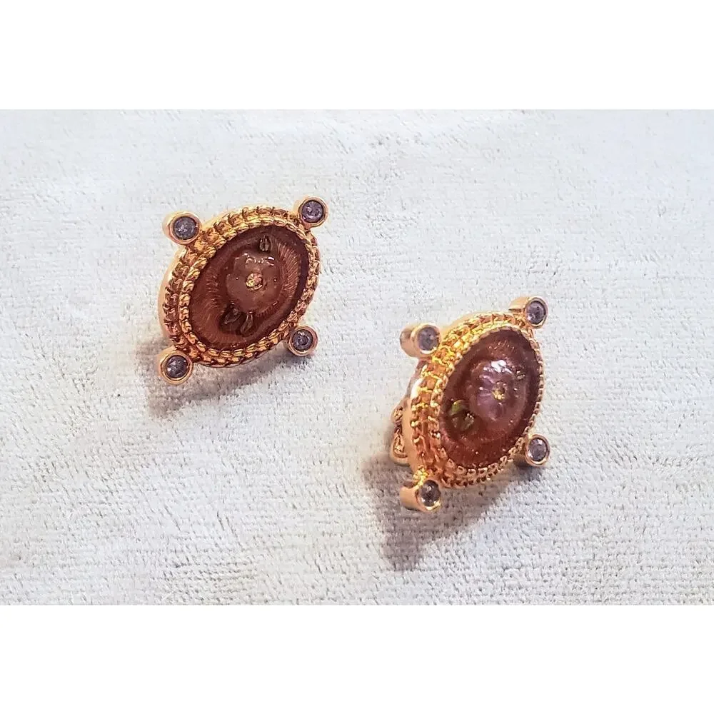 Avon Vintage Clip On Earrings Elegant Estate Gold Tone Colorful Dainty Floral 1